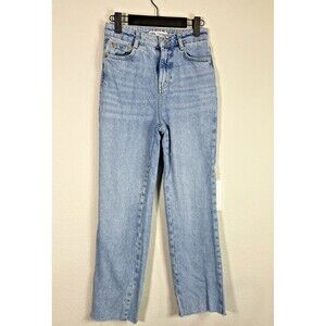 Zara High Rise Straight Leg Jeans Light Wash Raw Hem Size 0 24 Blue Denim Pants